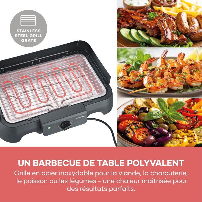 Barbecue elettrico da tavolo - SEVERIN - PG8593 - 2000 W - Superficie di cottura 38 x 22 cm - Griglia in acciaio inox - Termostato regolabile - Nero