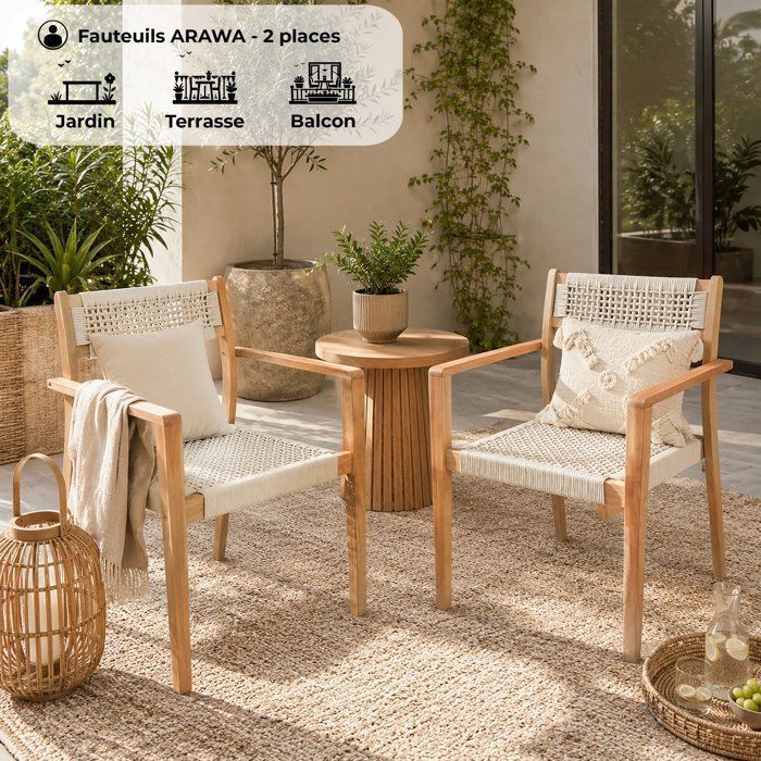 Set di 2 sedie da giardino - ARAWA - Legno di acacia FSC - Impilabile - Corda intrecciata - 57 x 59 x 85 cm