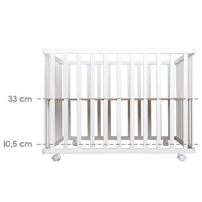 Box pieghevole per bambini - ROBA - 75 x 100 cm - Altezza regolabile - Ruote - Legno / Bianco