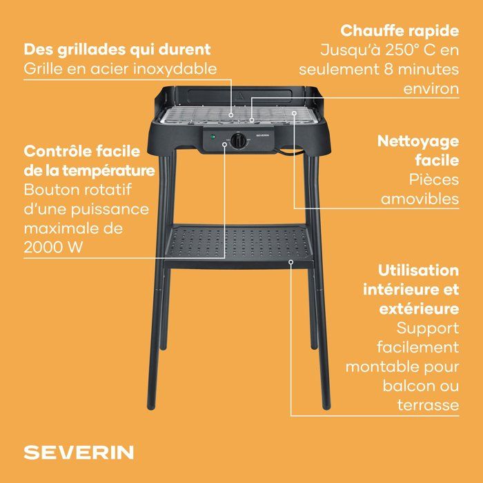 Barbecue elettrico con gambe - SEVERIN - PG8594 - 2000 W - Superficie di cottura 38 x 22 cm - Termostato regolabile - Nero