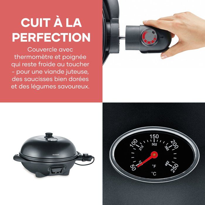 Barbecue elettrico con gambe - SEVERIN - PG8541 - 2000 W - Ampia superficie di cottura � 41 cm - Termostato regolabile - Nero opaco