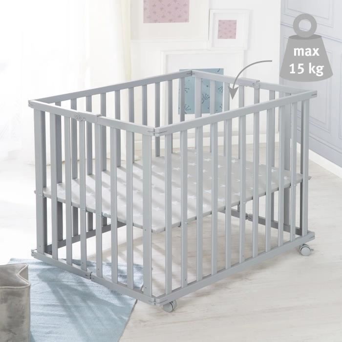 Box pieghevole per bambini - ROBA - LITTLE STARS - 75 x 100 cm - Altezza regolabile - 4 ruote frenanti - Legno laccato grigio tortora - Motivo a stelle
