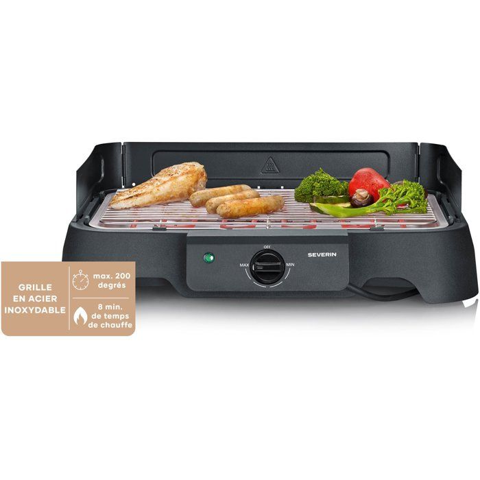 Barbecue elettrico da tavolo - SEVERIN - PG8593 - 2000 W - Superficie di cottura 38 x 22 cm - Griglia in acciaio inox - Termostato regolabile - Nero