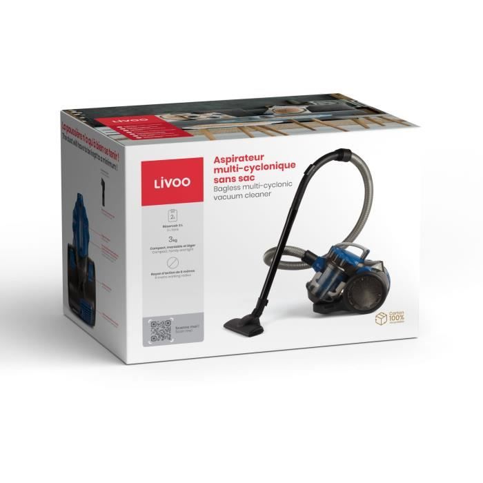 Aspirapolvere multiciclonico senza sacco - LIVOO DOH105B - 700 W - 2 L - 78 dB - Filtro lavabile - Ugello 2 in 1 - Blu / Grigio