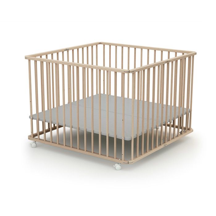 Box pieghevole quadrato - WEBABY - CALI - 100 x 100 cm - 4 ruote - Fino a 24 mesi - Faggio grezzo
