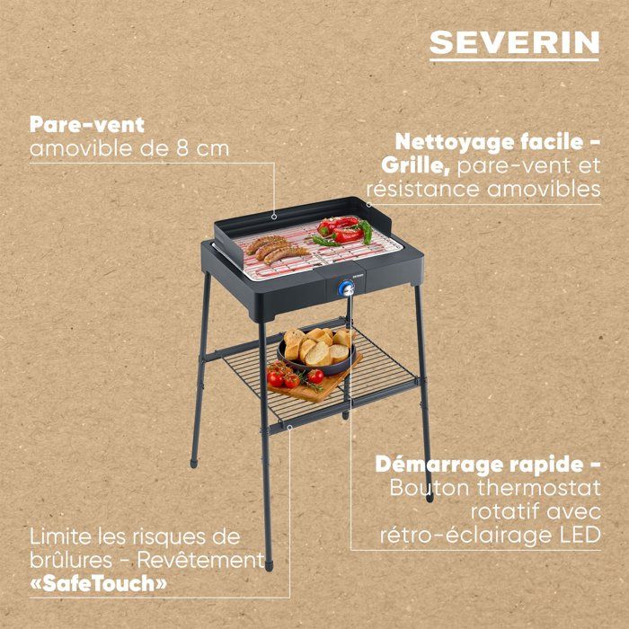 Barbecue elettrico con gambe - SEVERIN - PG8566 - 2200 W - Superficie di cottura 44,5 x 26 cm - Termostato regolabile - Nero