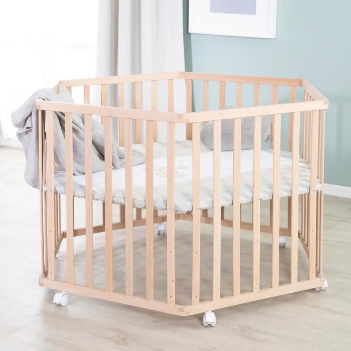 Recinto per bambini Hegaxonal - ROBA - LIEBHABEAR - Altezza regolabile - Base rimovibile - 6 ruote frenanti - Legno naturale - Motivo orsetto