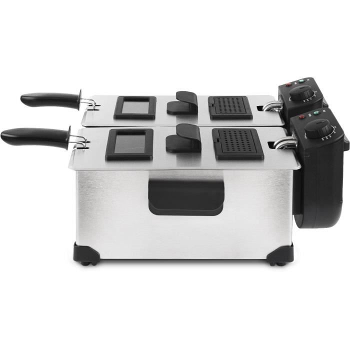 HKoeNIG DFX600 - Friggitrice doppia 2x3L - 3600W - 2 termostati indipendenti - Cestelli estraibili - Filtri antiodore - Acciaio