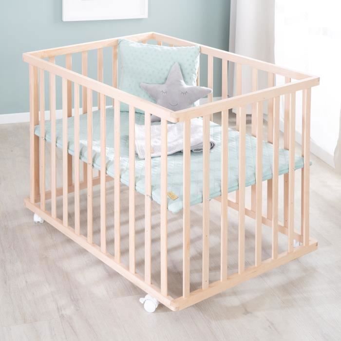 Box per bambini - ROBA - 75 x 100 cm - Include tappeto per box verde smerigliato 'Roba Style' - Ruote - Legno naturale