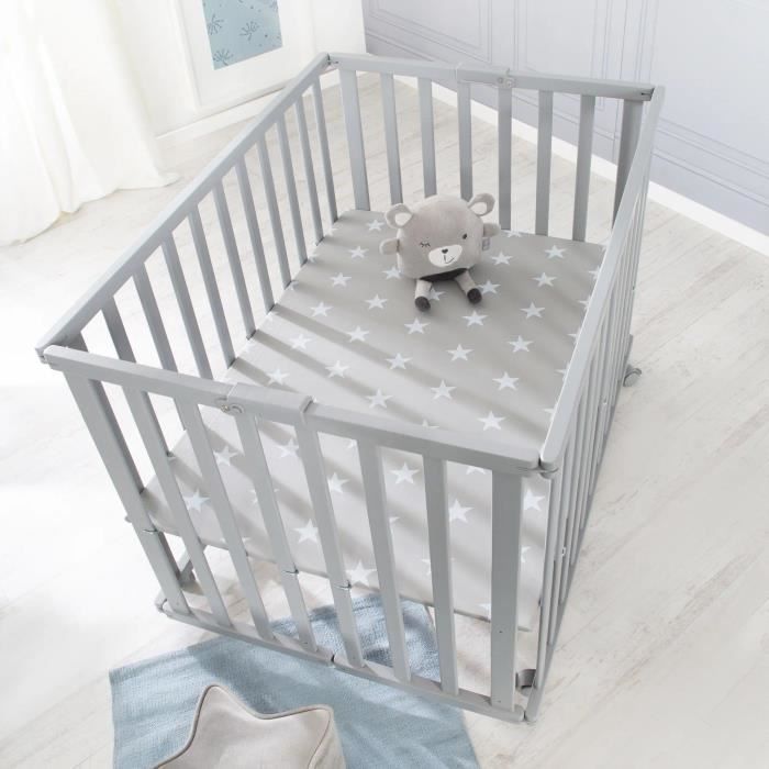 Box pieghevole per bambini - ROBA - LITTLE STARS - 75 x 100 cm - Altezza regolabile - 4 ruote frenanti - Legno laccato grigio tortora - Motivo a stelle