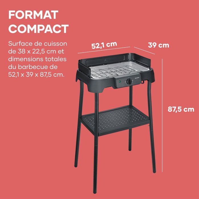 Barbecue elettrico con gambe - SEVERIN - PG8594 - 2000 W - Superficie di cottura 38 x 22 cm - Termostato regolabile - Nero