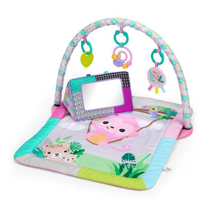 BRIGHTS STARTS - Tappetino da gioco pieghevole rosa per neonati, arco da gioco, 5 giocattoli per neonati, specchio, carte, abaco e anello da dentizione.