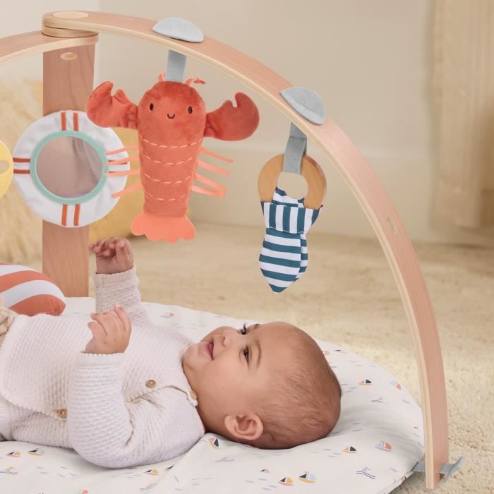 Tappetino da gioco reversibile per bambini INGENUITY - Blu marino - Arco da gioco in legno pieghevole e rimovibile, 5 giocattoli, specchio, cuscino
