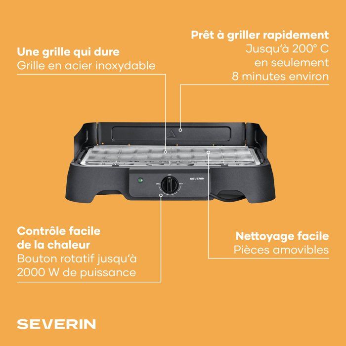 Barbecue elettrico da tavolo - SEVERIN - PG8593 - 2000 W - Superficie di cottura 38 x 22 cm - Griglia in acciaio inox - Termostato regolabile - Nero