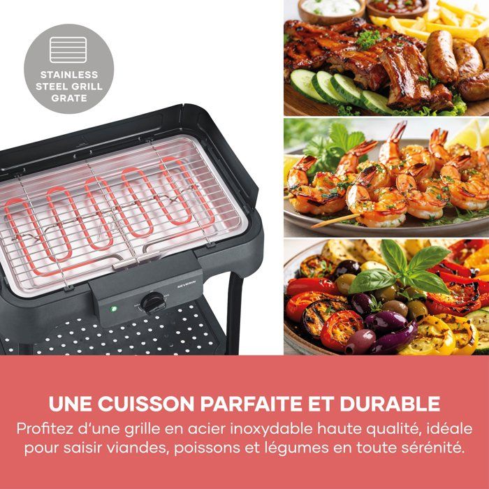 Barbecue elettrico con gambe - SEVERIN - PG8594 - 2000 W - Superficie di cottura 38 x 22 cm - Termostato regolabile - Nero