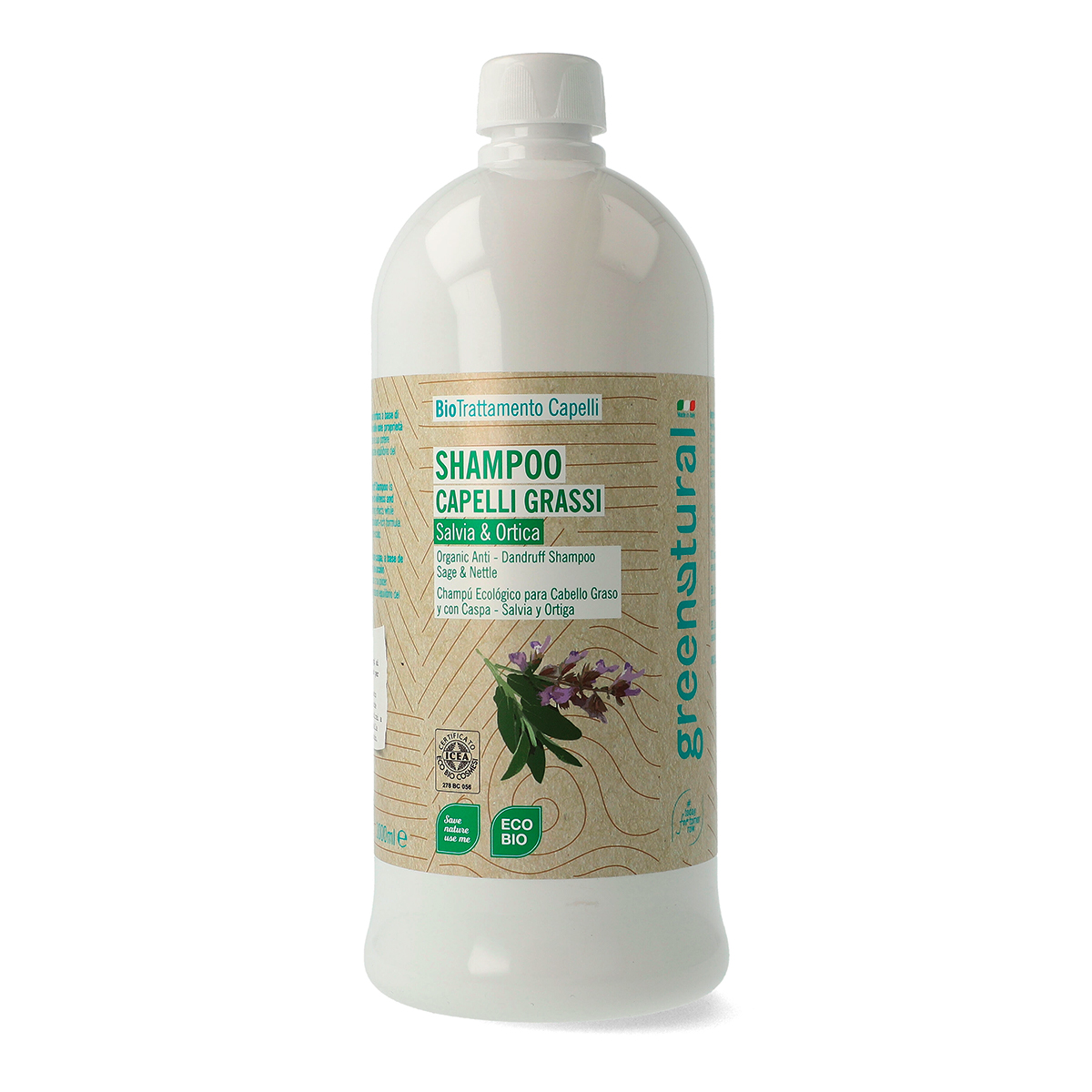 Ricarica shampoo antiforfora eco-bio alla Salvia e Ortica 1 litro