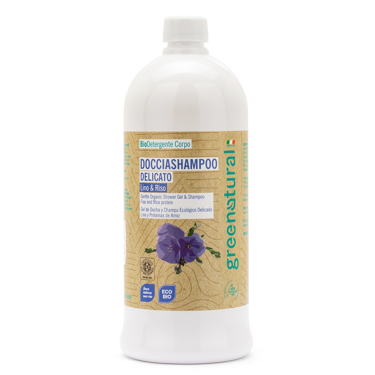 Ricarica doccia Shampoo delicato eco-bio al Lino e proteine da Riso 1 litro