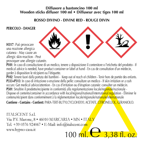 Diffusore per ambiente con bastoncini 100 ml. Rosso Divino