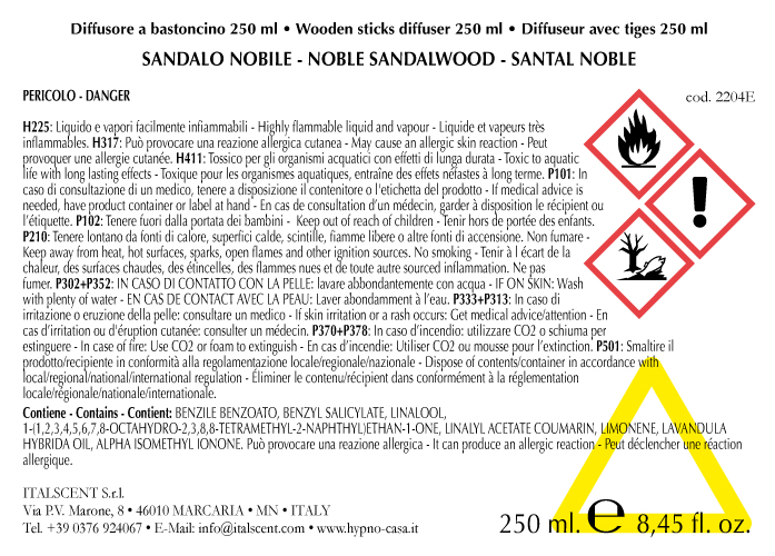 Diffusore per ambiente con bastoncini 250 ml. Sandalo Nobile