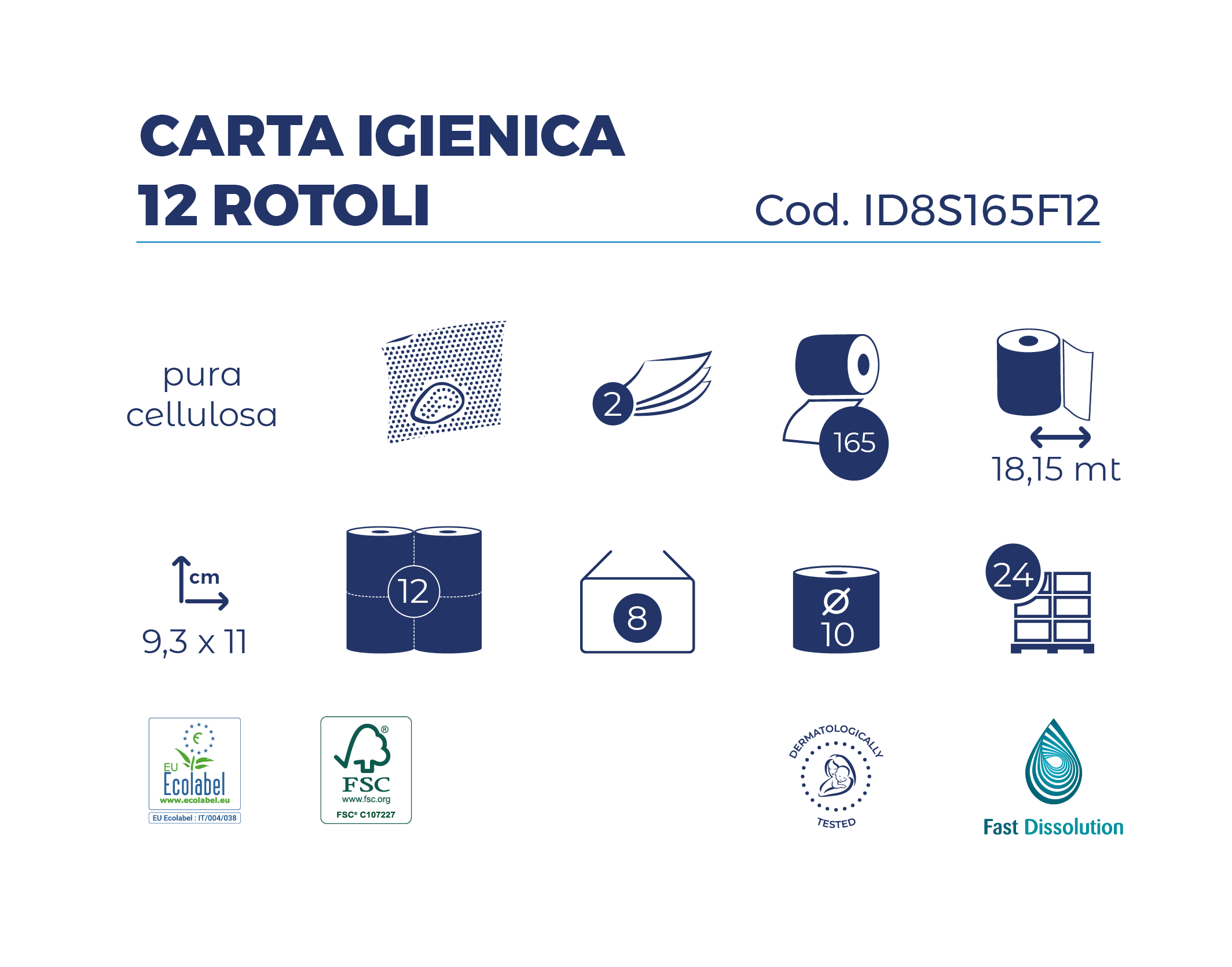 Imballo 8 confezioni di carta igienica idrosolubile 12 rotoli Fast Dissolution