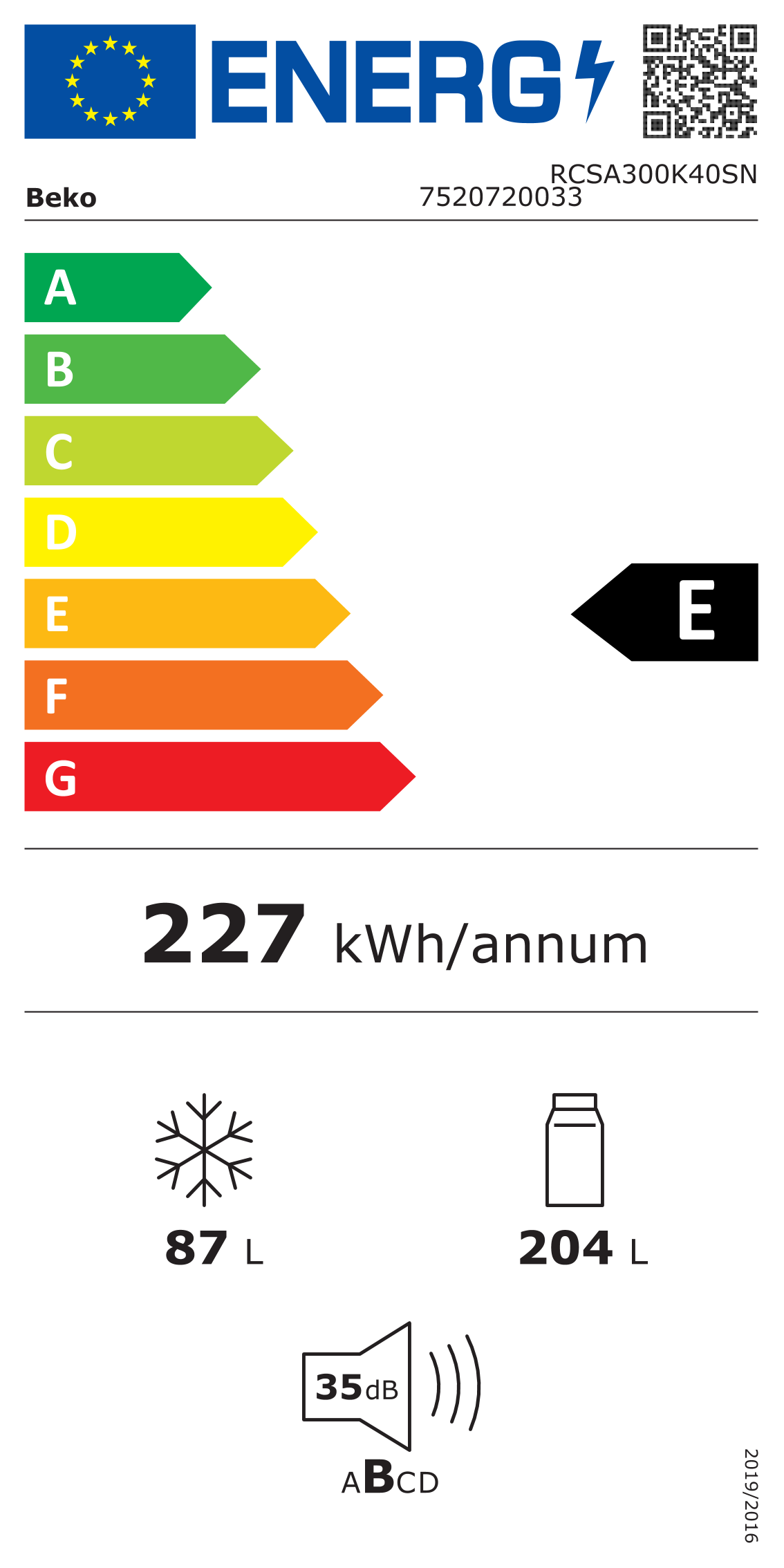 Scheda energetica EPREL Frigorifero a libera installazione combinato Beko RCSA300K40SN