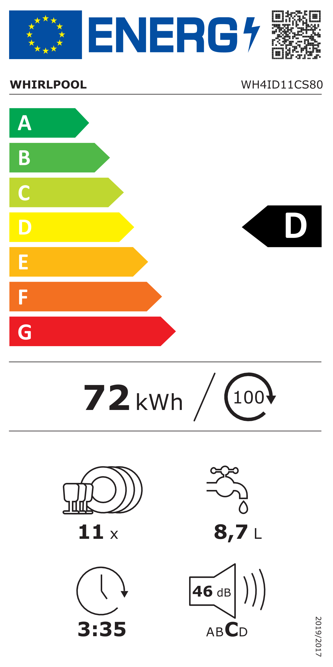 Scheda energetica EPREL Lavastoviglie da incasso slim Whirlpool WH4ID11CS80