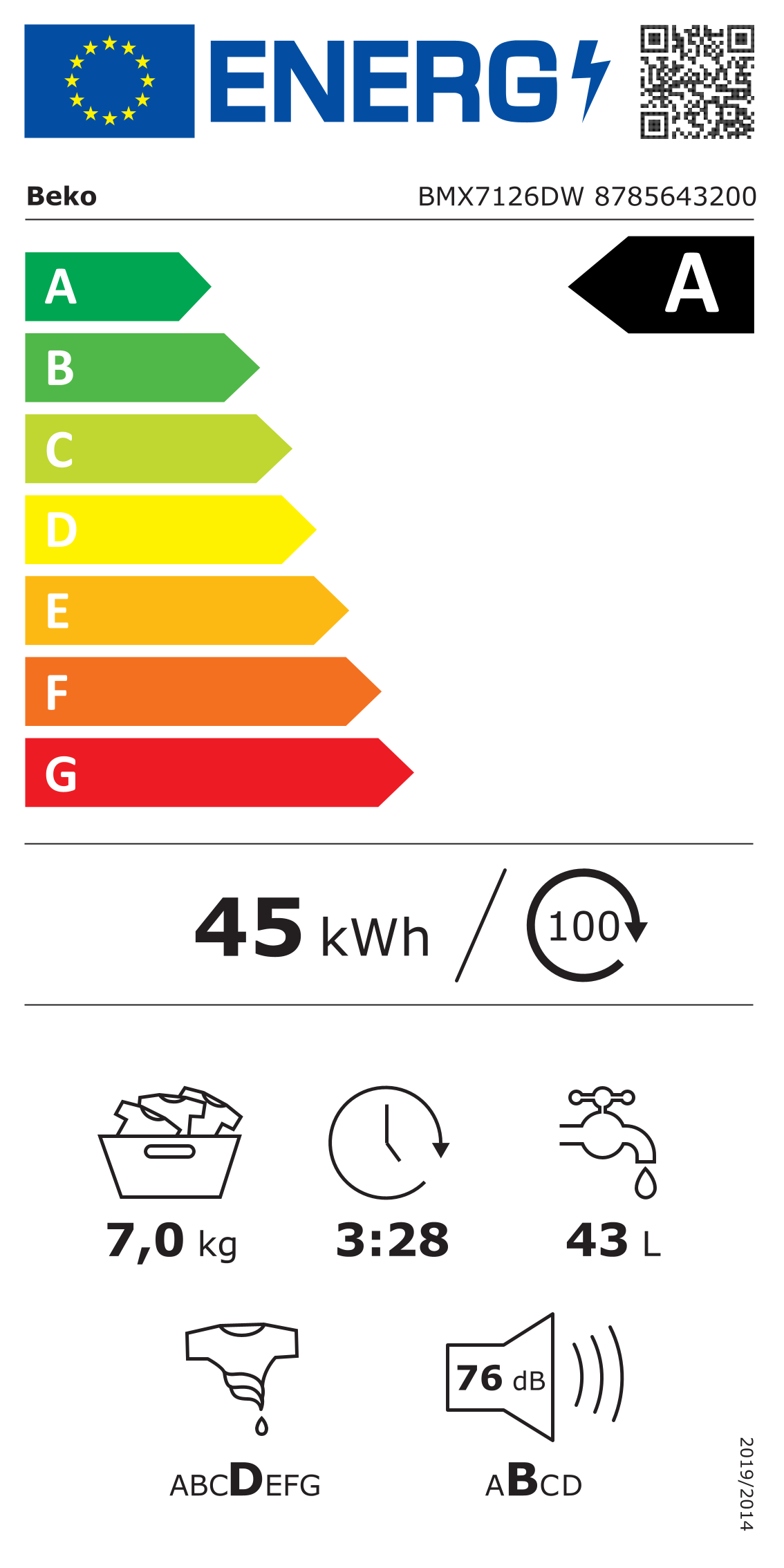Scheda energetica EPREL Lavatrice slim 7 kg Beko BMX7126DW